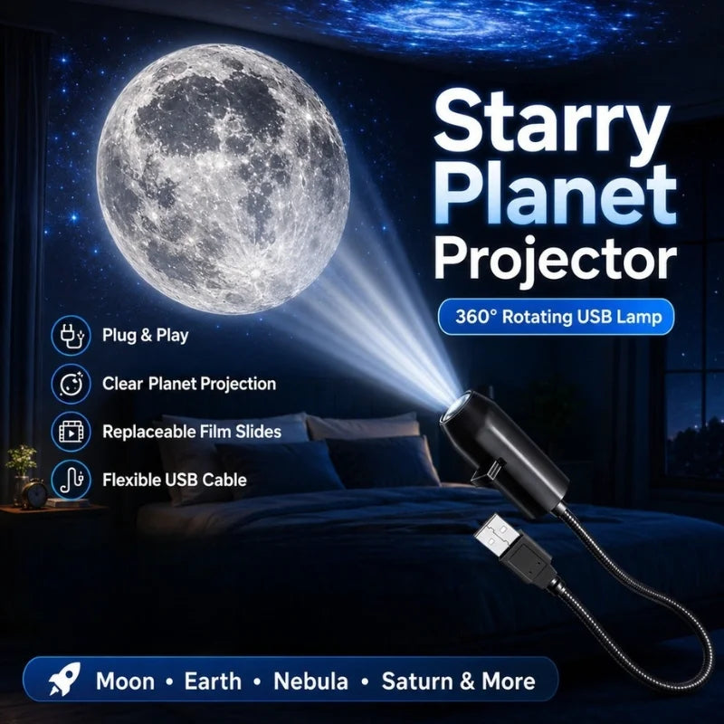 USB Moon & Earth Projection Atmosphere Light | 3 Interchangeable Lenses | Flexible Gooseneck Projector Lamp